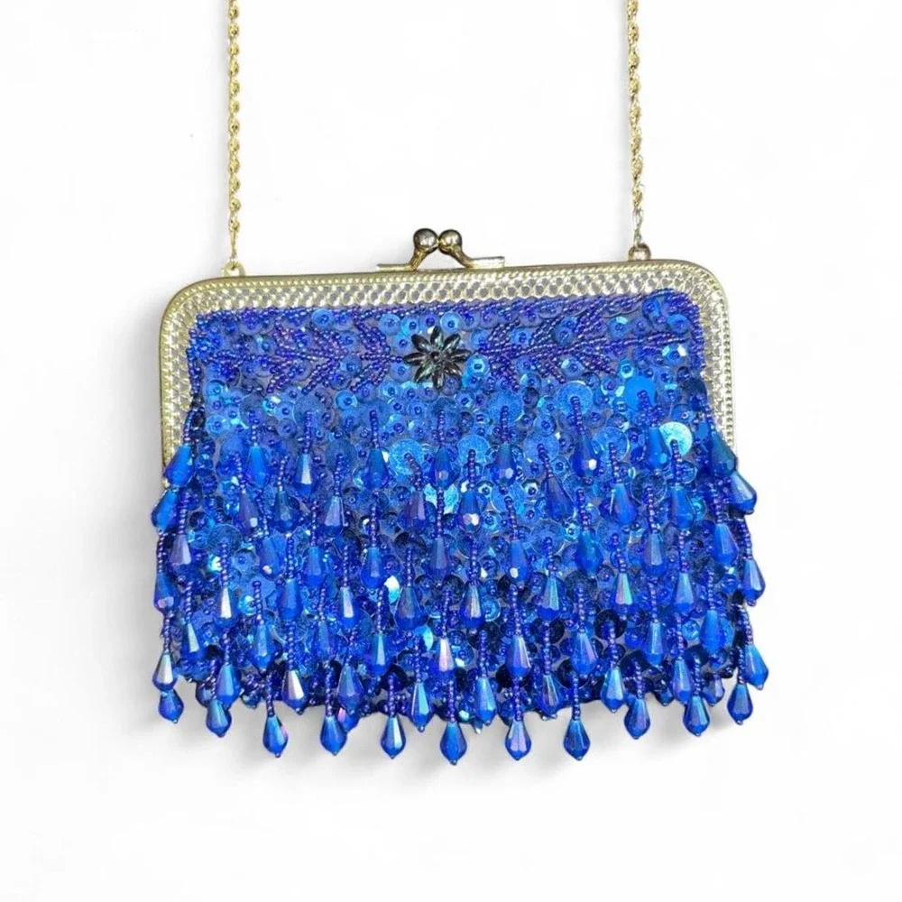 Vintage Blue Beaded Fringe Kiss-Lock Evening Bag ✨